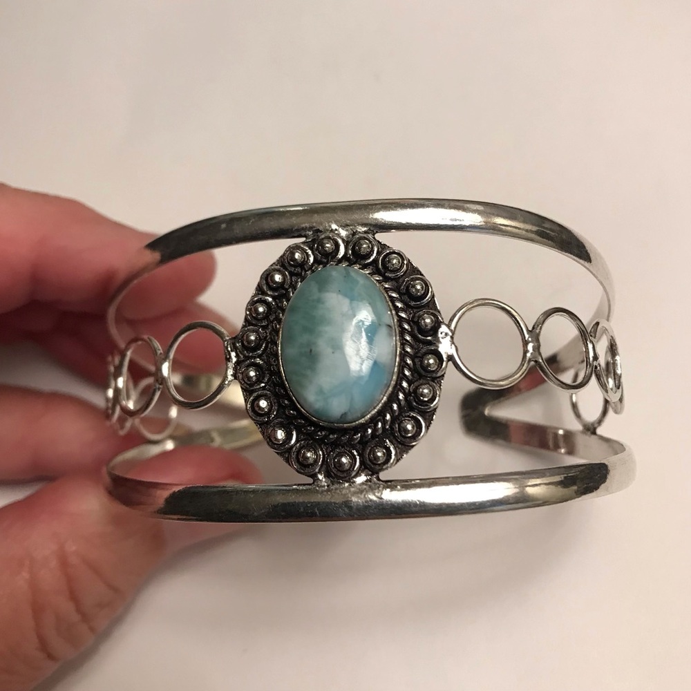 Larimar Stamped 925 Sterling Silver Cuff Bracelet - Picture 4 of 5